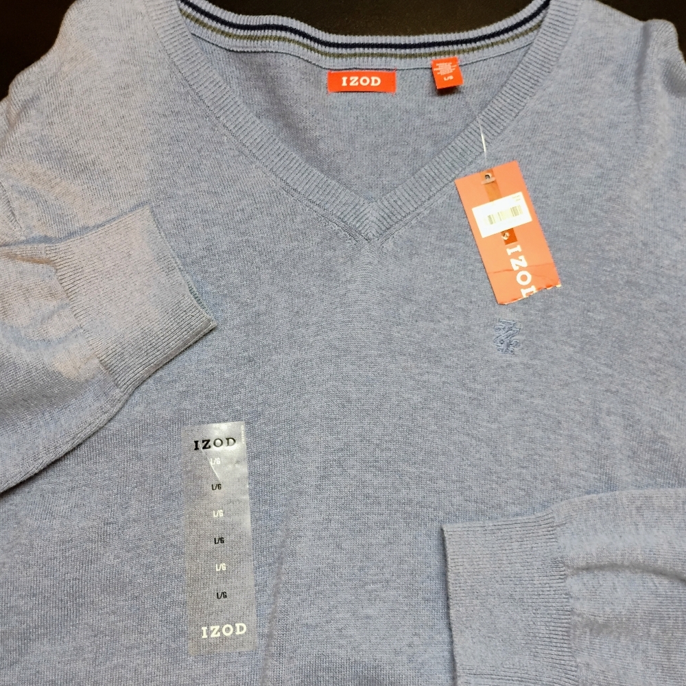 IZOD‎ Mens Large V Neck Sweater Light Blue Heather 100% Cotton Pullover NWT A